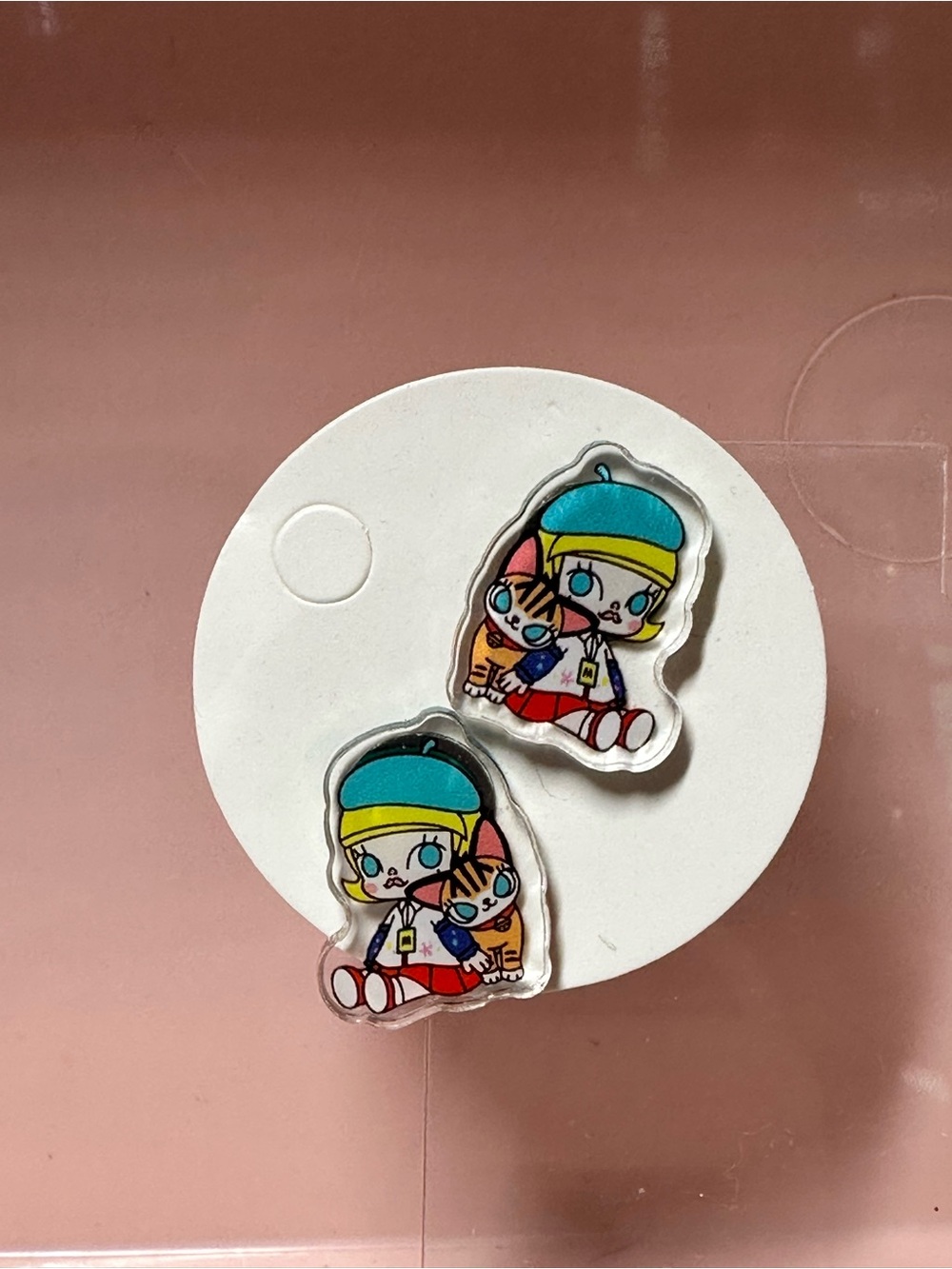 Cute Girl & Cat Acrylic Drop Earrings in Blue and Yellow